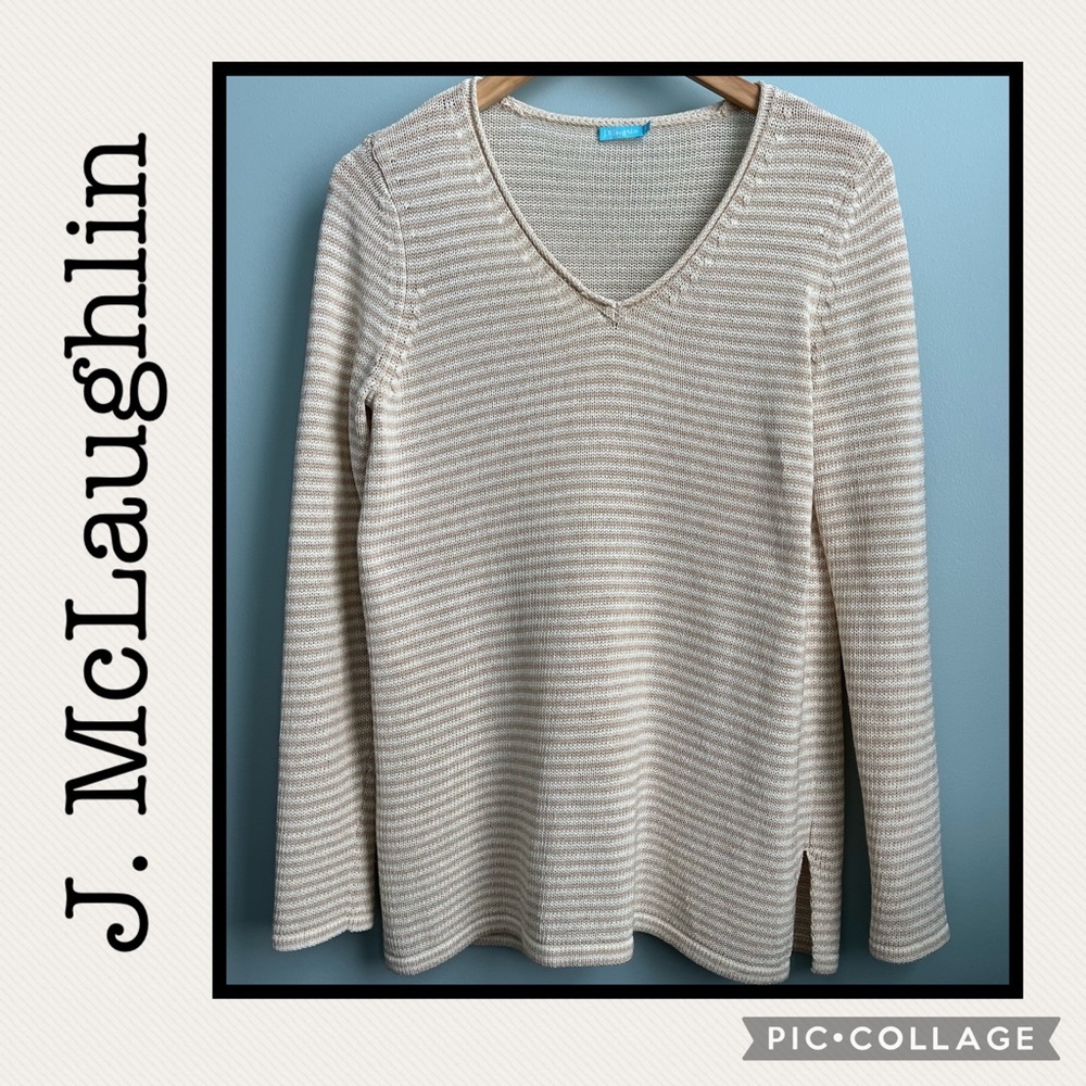 J. McLaughlin V-Neck Beige and Cream Striped Sweater Size S